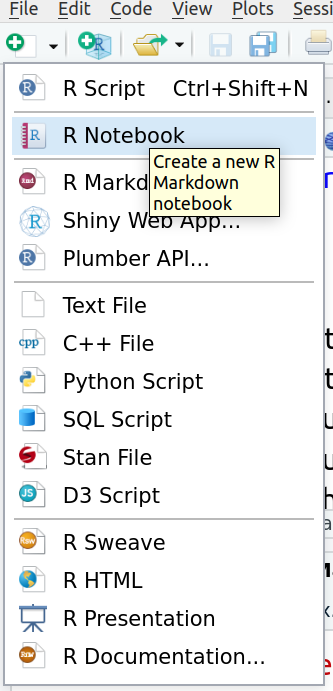 Screenshot zeigt, wie man eines neues R Notebook anlegt.